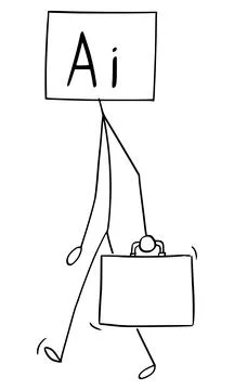 Ai or Artificial Intelligence Going to Work , Vector Cartoon Stick Figure Stock Illustration