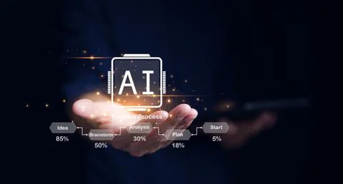AI or Artificial Intelligence technology concept. Man use AI to help work, Stock Photos