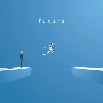 Ai or artificial intelligence vector concept with ai robot jumping, leaping into Stock Illustration