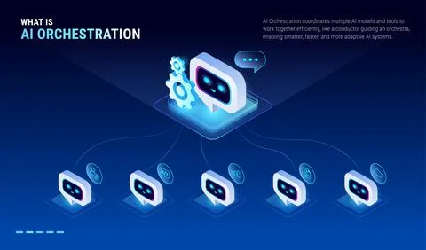 AI Orchestration network infographics - workflow diagram technology Stock Illustration