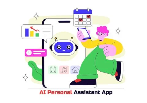 AI Personal Assistant App Vector Illustration Featuring Smart Digital Assis.. Illustrazione stock