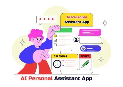 AI Personal Assistant App Vector Illustration Featuring Smart Digital Assis.. Stock Illustration