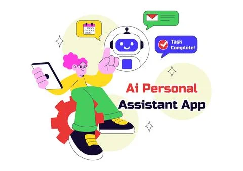 AI Personal Assistant App Vector Illustration Featuring Smart Digital Assis.. Stock Illustration