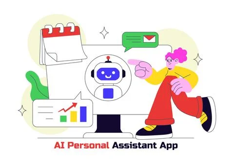 AI Personal Assistant App Vector Illustration Featuring Smart Digital Assis.. Illustrazione stock