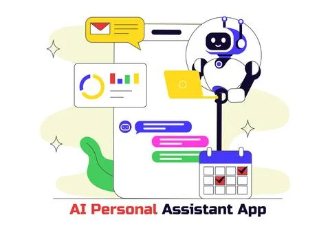 AI Personal Assistant App Vector Illustration Featuring Smart Digital Assis.. Illustrazione stock