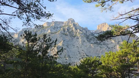 Ai-petri mountains, featuring rugged rocky peaks and a dense pine forest canopy Stock Footage 335269798