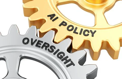 AI policy and Oversight, interlocking gears. 3d rendering Stock Illustration