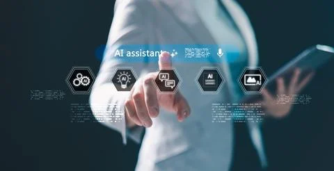AI powered assistance. user interacting with virtual AI assistant interface.. Foto stock