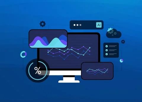 AI-powered business analytics dashboard analyzing market trends and forecasting Stock Illustration