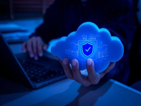 AI-powered cloud computing concept with digital security shield icon in han.. Stock Photos