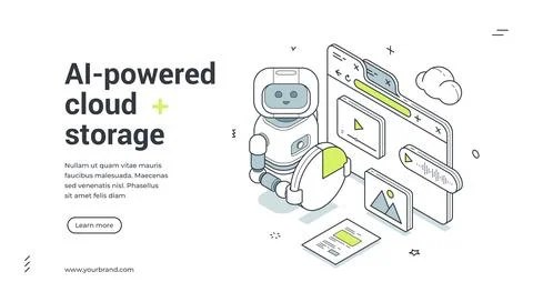 AI-powered cloud storage isometric banner. Robot for data management and file Stockillustratie