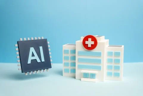 An AI-powered computer chip and a hospital. The application of artificial i.. Illustrazione stock