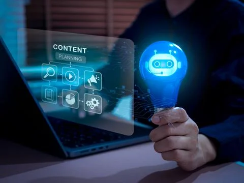 AI powered content creation and marketing automation concept with chatbot l.. Stockfoto's
