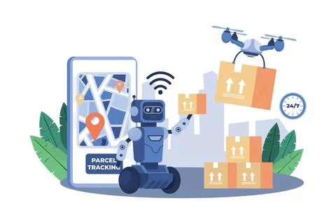 AI-powered drones perform surveillance and delivery. Stock Illustration