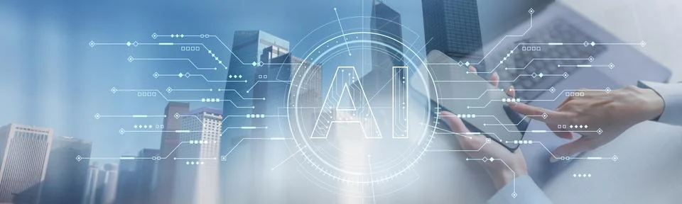 AI powered enterprise analytics concept combining data flows and business dec Stock Photos