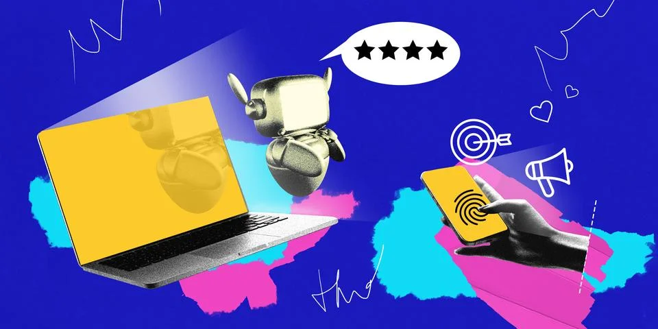 AI-powered feedback. Robot and stars symbolize customer ratings. Laptop and Stock Photos