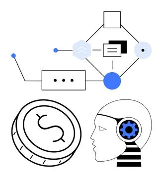 AI-powered financial decision-making illustrated with coin, brain gear, and.. 스톡 일러스트