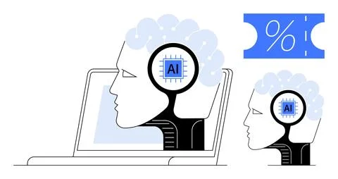 AI-powered human head with circuit brain emerging from laptop screen with d.. 库存插图