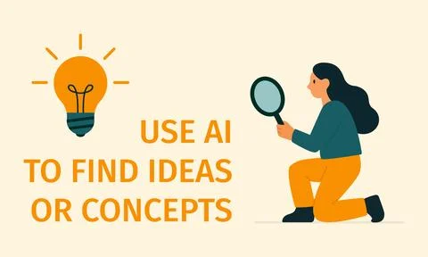 AI Powered idea discovery concept with light bulb and woman holding magnify.. Stock Illustration
