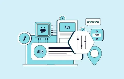 AI-powered programmatic advertising automates ad buying, dynamic pricing Illustrazione stock