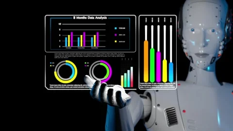 AI-powered robot analyzing complex business data and generating insights for adv Stock Footage 285361336