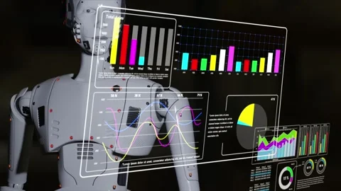 AI-powered robot analyzing complex business data and generating insights for adv Stock Footage 285361341