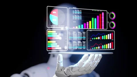 AI-powered robot analyzing complex business data and generating insights for adv Stock Footage 285361345