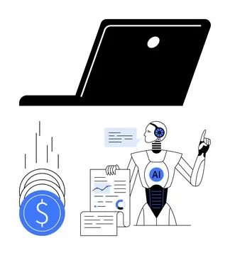 AI-Powered Robot Analyzing Financial Data with Laptop and Falling Coins Stock Illustration