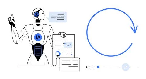 AI-powered robot with speech bubble holding data charts, illustrating a cycle Stock Illustration