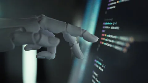 An AI-powered robotic system crafts code through complex algorithm generatio Video stock 331475668