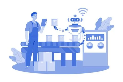 AI-powered robots automate manufacturing processes. Stock Illustration