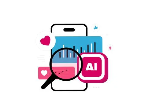 AI-powered social media analytics dashboard vector illustration. Flat clear Stock Illustration