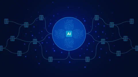 AI powered software concept with futuristic microchip and document connections Ilustração Stock