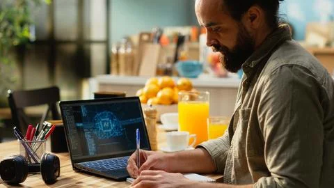 AI-powered software next to remote worker on laptop with artificial intelligence Stock Photos