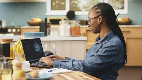 AI-powered software, remote worker with laptop, artificial intelligence Fotos Stock