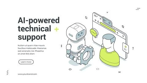 AI-powered technical support isometric banner. Robot with gear helps user wit 스톡 일러스트