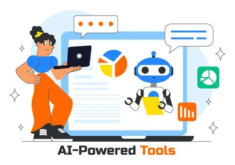 AI Powered Tools Illustration featuring Ai Powered Data analytics, Automate.. Ilustración de archivo