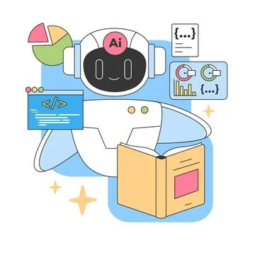 AI-powered virtual assistant analyses data and codes. Flat vector illustration. Illustrazione stock
