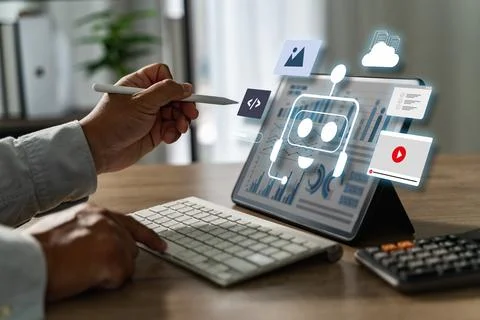 AI-powered web person working tablet with digital icons and graphs, represent 스톡 사진