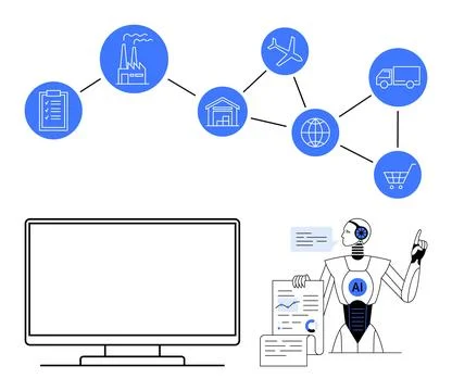 AI presenting supply chain data flow, including transportation, warehouses,.. Stock Illustration