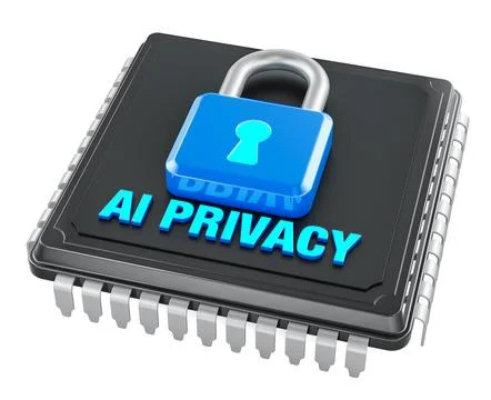 AI privacy chip with padlock. Data protection and security concept, 3d rend.. Stock Illustration