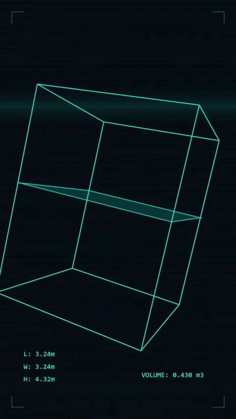 AI Processing HUD Interface Displaying 3D Wireframe Box and Spatial Measure.. Stock Footage 346202776