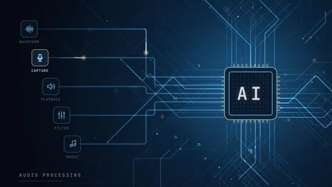 AI processor animation with glowing teal and gold data streams showcasing financ Stock Footage 340246432