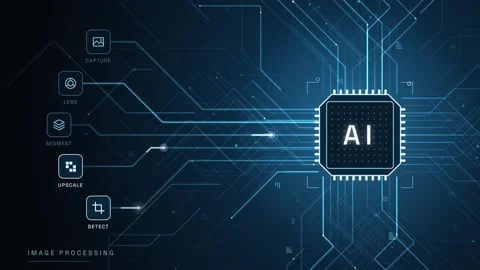 AI processor animation showcasing data flow with finance variation on left and A Stock Footage 340246488