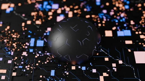 AI processor black sphere amidst digital circuit board patterns in vibrant color Stock Footage 321960543