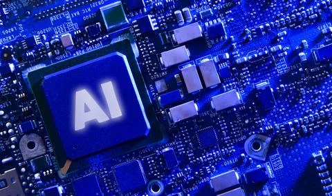 AI Processor on Blue Circuit Board Stock Photos