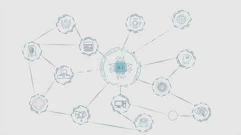 AI processor at the center of a network of digital technology icons Stock Footage 328678476