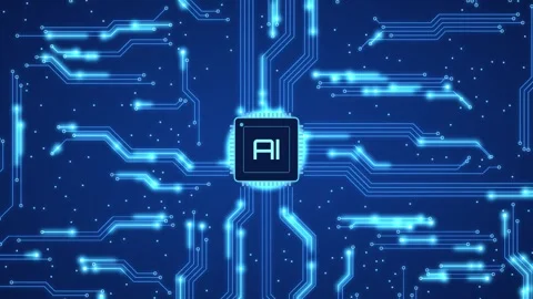 AI processor chip in the center of a glowing circuit board Stockbeeldmateriaal 348305111