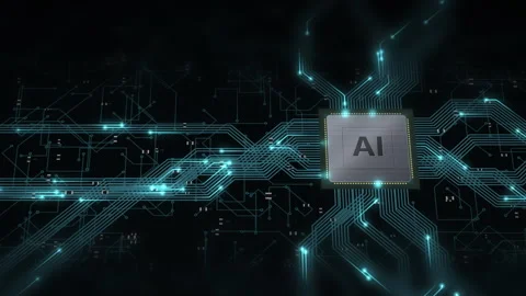 AI processor chip on a circuit board with cyan data pulses racing along trace 스톡 동영상 346883956