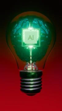 AI processor chip embedded in digital brain inside glowing light bulb 写真素材